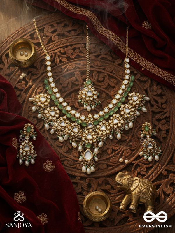 MADHURASHRĪ  - SWEET SPLENDOR -  HAND EMBROIDERED BRIDAL KUNDAN AND PEARL SET WITH NECKLACE, EARRINGS AND MAANGTIKA