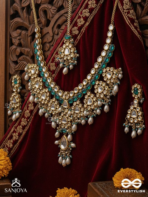 VARUNĪPRIYĀ - BELOVED OF THE OCEAN -  HAND EMBROIDERED BRIDAL KUNDAN AND PEARL SET WITH NECKLACE, EARRINGS AND MAANGTIKA