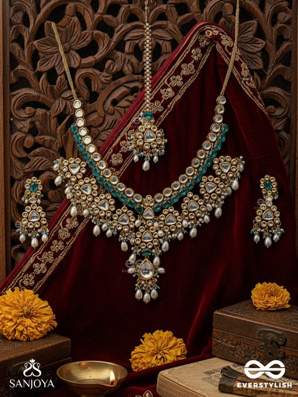 VARUNĪPRIYĀ - BELOVED OF THE OCEAN -  HAND EMBROIDERED BRIDAL KUNDAN AND PEARL SET WITH NECKLACE, EARRINGS AND MAANGTIKA