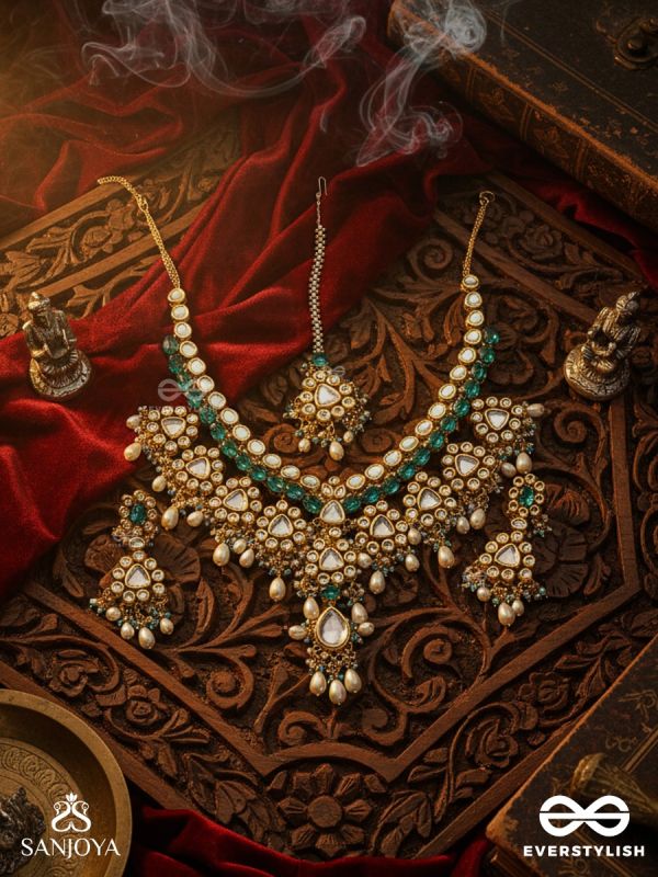 VARUNĪPRIYĀ - BELOVED OF THE OCEAN -  HAND EMBROIDERED BRIDAL KUNDAN AND PEARL SET WITH NECKLACE, EARRINGS AND MAANGTIKA