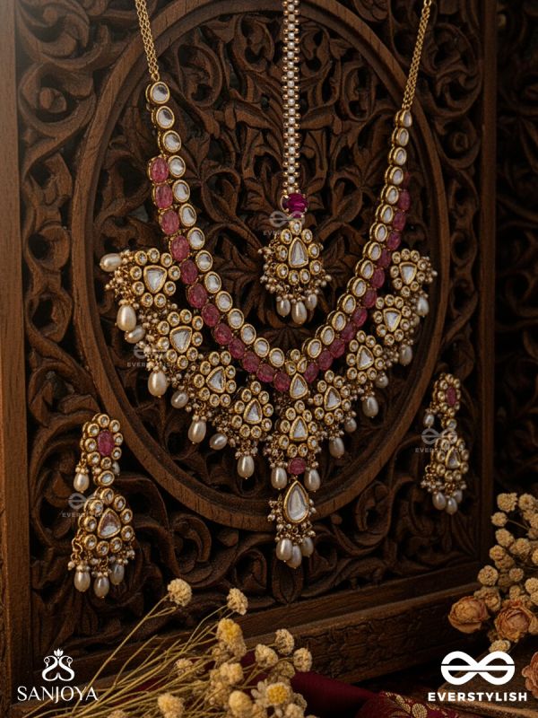 PRABHĀTARALA - FLOWING RADIANCE -  HAND EMBROIDERED BRIDAL KUNDAN AND PEARL SET WITH NECKLACE, EARRINGS AND MAANGTIKA