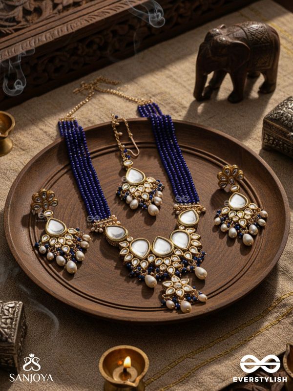 JALANIRMALA - PURE WATER - HAND EMBROIDERED BRIDAL KUNDAN AND PEARL SET WITH NECKLACE, EARRINGS AND MAANGTIKA