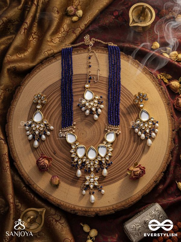JALANIRMALA - PURE WATER - HAND EMBROIDERED BRIDAL KUNDAN AND PEARL SET WITH NECKLACE, EARRINGS AND MAANGTIKA