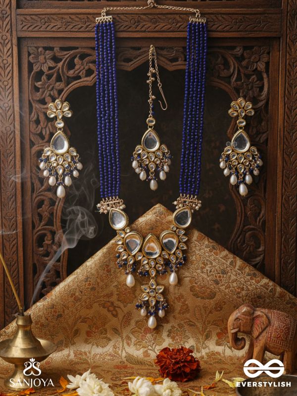 JALANIRMALA - PURE WATER - HAND EMBROIDERED BRIDAL KUNDAN AND PEARL SET WITH NECKLACE, EARRINGS AND MAANGTIKA