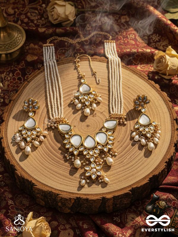 PARAMĀNANDA - PURE BLISS -  HAND EMBROIDERED BRIDAL KUNDAN AND PEARL SET WITH NECKLACE, EARRINGS AND MAANGTIKA