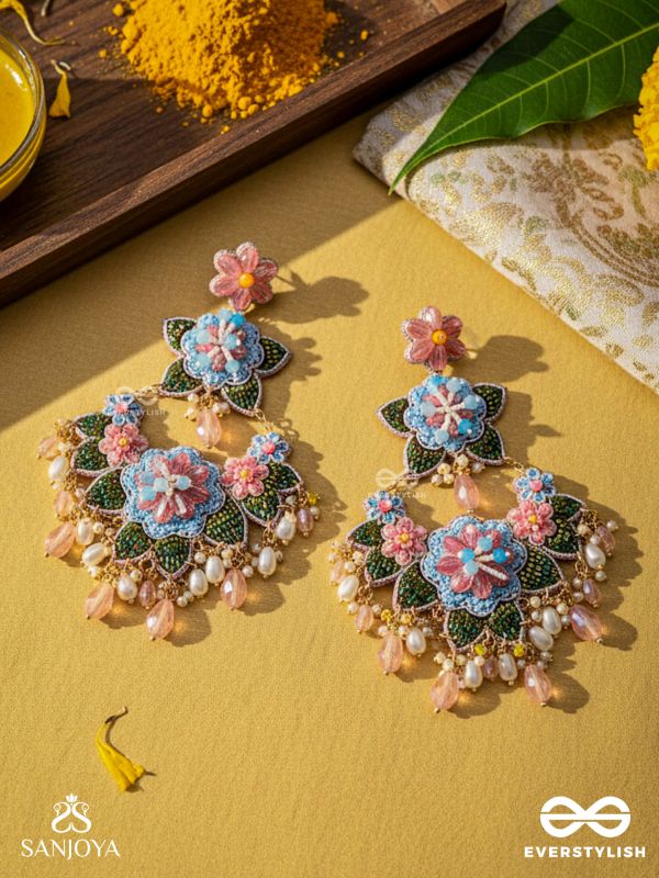 MADHUVRATA - SPRING BLOOM - DELICATE EMBROIDERED EARRINGS WITH FLORAL MOTIFS, BEADS AND PEARL DROPS