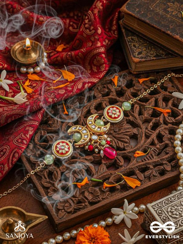 SHONAPRABHA- RADIANCE OF GOLD AND RED- HANDCRAFTED KUNDAN CHOKER  WITH GOLDEN MOONS AND RED BEADS