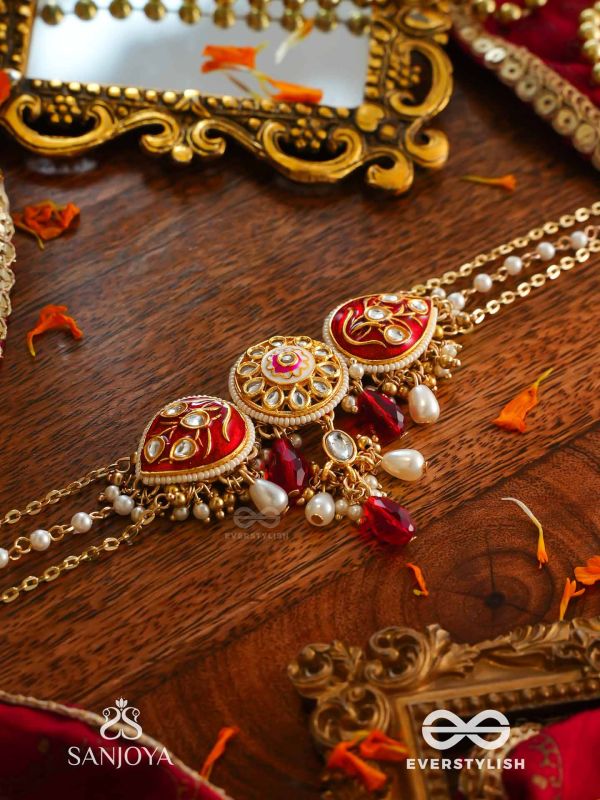 ARUNAMUKHI- FACE OF THE RED SUN- GLORIOUS KUNDAN NECKLACE WITH RED ENAMEL DETAILS AND PEARL EMBELLISHMENTS 