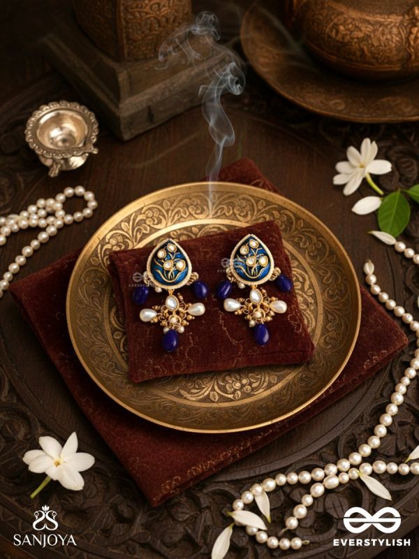 NILACHANDRIKA- MOONLIGHT OF THE BLUE SKY- KUNDAN EARRINGS WITH DEEP BLUE ENAMEL WORK WITH GOLDEN DETAILS, PEARLS, AND DAZZLING GEMS