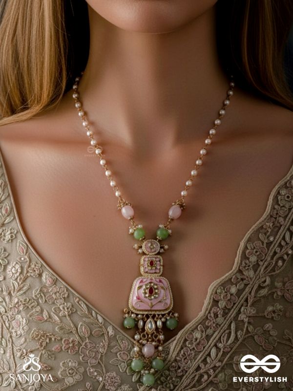 MADHUVRATA – SWEET AS SPRING BLOOM - GRACEFUL PINK ENAMELLED PENDANT NECKLACE WITH KUNDAN GREEN BEADS AND PEARL DROPS