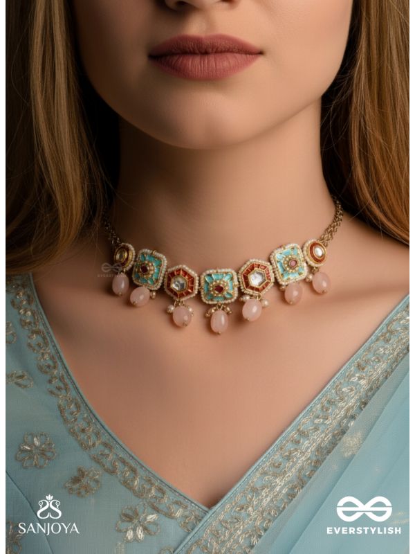 PUSHPAKSHI - BLOSSOMING BEAUTY - DELICATE KUNDAN MULTI-TONED ENAMEL CHOKER WITH DAINTY GEMSTONE DROPS