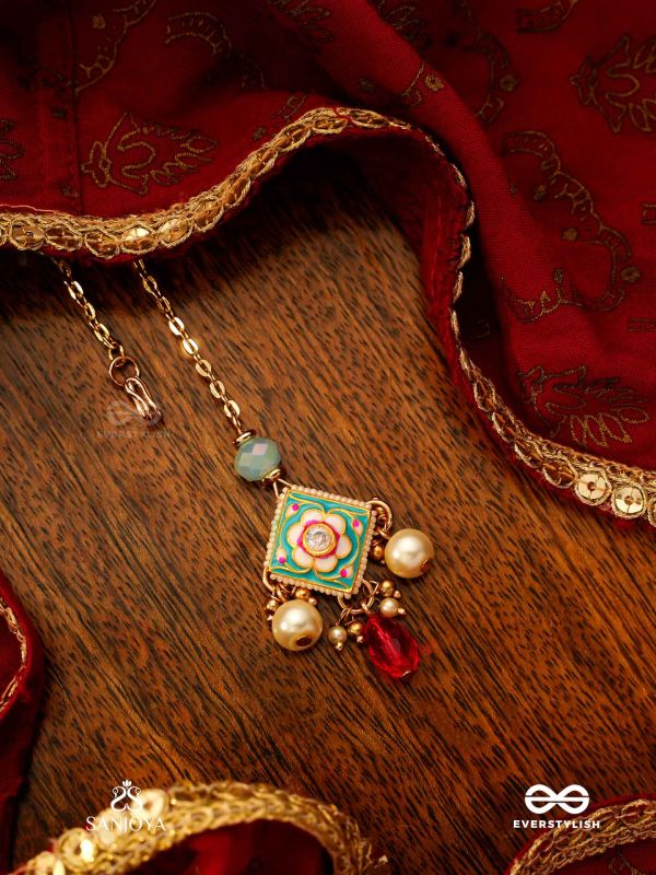 ANUPAMA - INCOMPARABLE BEAUTY - STATEMENT ENAMELLED KUNDAN MAANGTIKA WITH DAZZLING PEARLS, BEADS AND GEMS