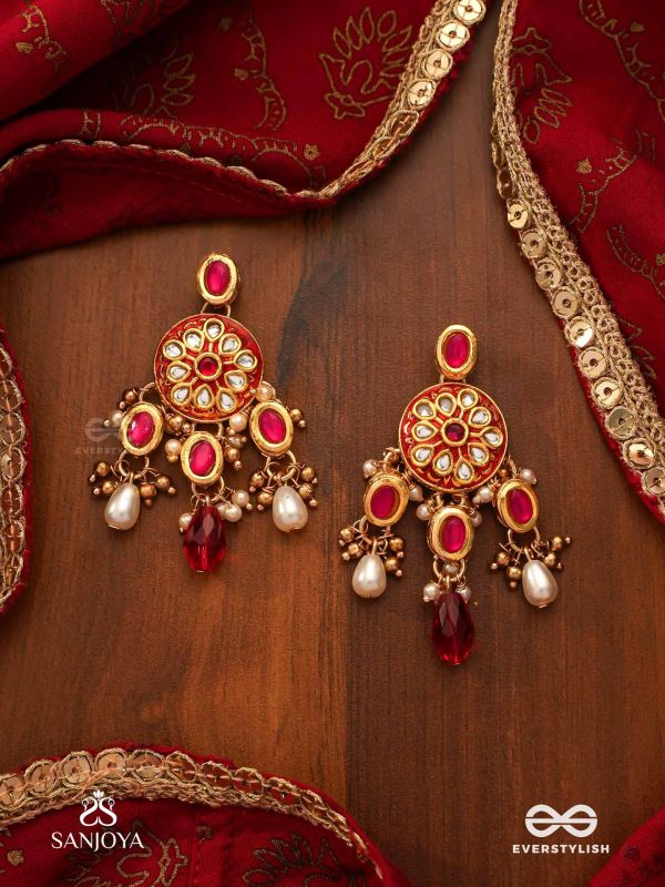AGNITA - FIERY BEAUTY - INTRICATE KUNDAN RED POLKI EARRINGS WITH PEARLS AND GEM FRINGES