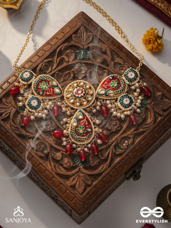 SUVARNAPUSHPA - GOLDEN BLOSSOM - LUXURIOUS HERITAGE KUNDAN NECKLACE WITH RED AND BLUE ENAMEL WORK, PEARLS AND BEADS