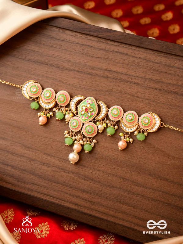HARITRINA - VERDANT BEAUTY - KUNDAN DAINTY GOLDEN NECKLACE WITH HANDCRAFTED FLORAL ENAMEL WORK