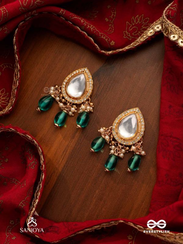 INDRANEELA - BLUE SAPPHIRE GLOW - ROYAL KUNDAN POLKI EARRINGS WITH SPARKLING TEAL GEMSTONES