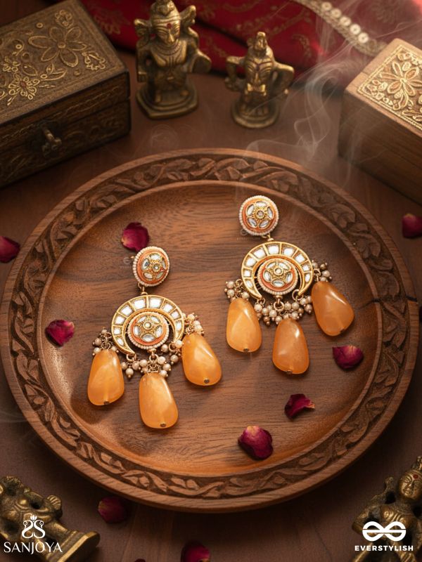 SHATRUNJAYA - CONQUEROR’S GLORY - GRAND HERITAGE KUNDAN EARRINGS WITH ENAMELLED ACCENTS AND ORANGE GEMS
