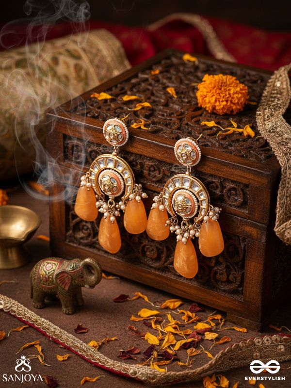 SHATRUNJAYA - CONQUEROR’S GLORY - GRAND HERITAGE KUNDAN EARRINGS WITH ENAMELLED ACCENTS AND ORANGE GEMS