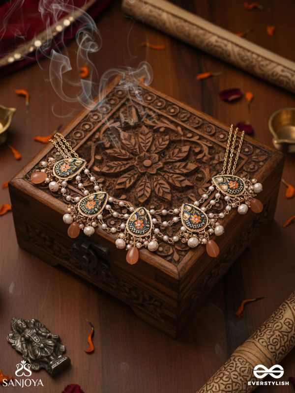 SANDHYAPRIYA - LOVER OF DUSK - EXQUISITE GOLDEN ENAMELLED KUNDAN NECKLACE WITH LUSTROUS ORANGE GEM DROPS