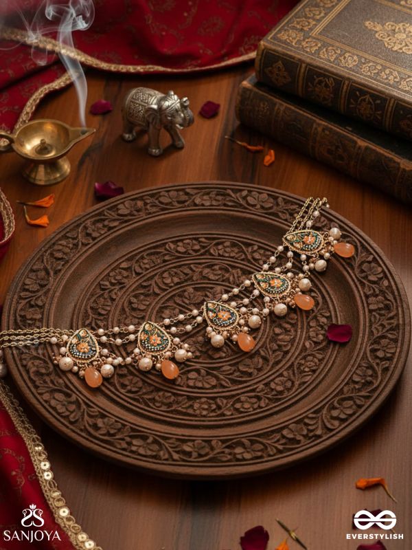 SANDHYAPRIYA - LOVER OF DUSK - EXQUISITE GOLDEN ENAMELLED KUNDAN NECKLACE WITH LUSTROUS ORANGE GEM DROPS