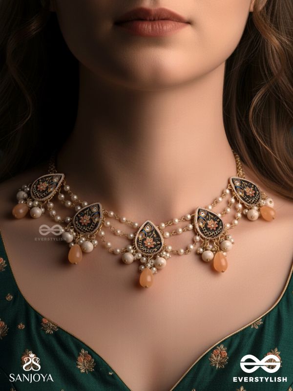SANDHYAPRIYA - LOVER OF DUSK - EXQUISITE GOLDEN ENAMELLED KUNDAN NECKLACE WITH LUSTROUS ORANGE GEM DROPS