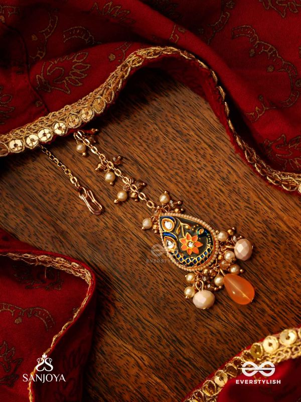 SANDHYAPRIYA - LOVER OF DUSK - EXQUISITE GOLDEN ENAMELLED KUNDAN MAANGTIKA WITH LUSTROUS ORANGE GEM DROPS