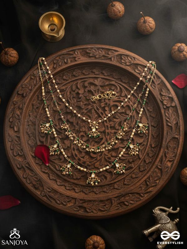 VARSHALEKHA - RAINFALL STROKES - ROYAL HERITAGE MULTI-STRAND KUNDAN NECKLACE WITH PEARL STRINGS AND POLKI DROPS