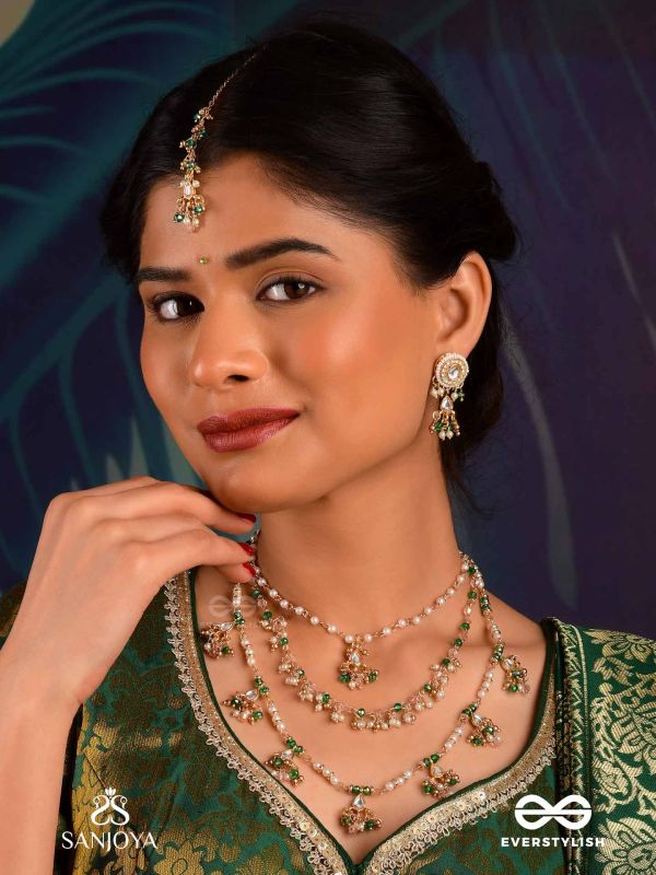 VARSHALEKHA - RAINFALL STROKES - ROYAL HERITAGE MULTI-STRAND KUNDAN MAANGTIKA WITH PEARL STRINGS AND POLKI DROPS