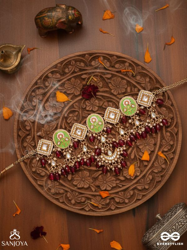 PUSHPALEKHA - STROKES OF FLOWERS - INTRICATE FLORAL ENAMELLED KUNDAN NECKLACE WITH RUBY BEADS