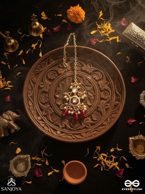 RUDRARAGA - MELODY OF RED - INTRICATE KUNDAN MAANGTIKA WITH RUBY BEADS AND GOLDEN DETAILS