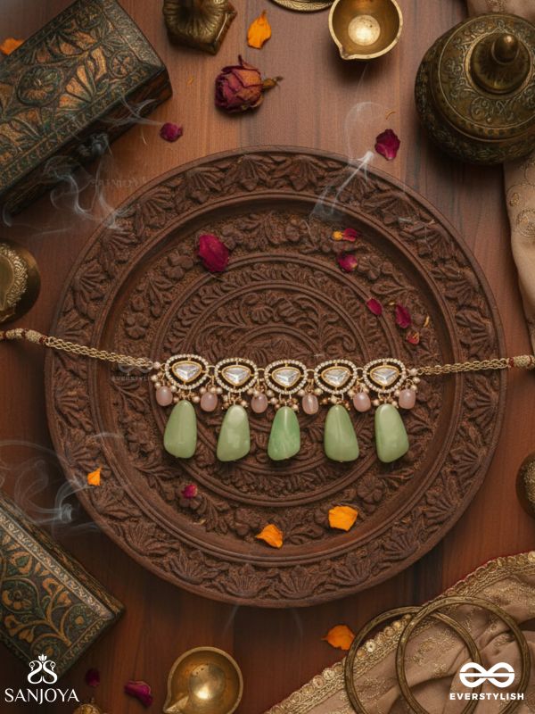 SHITALA - COOLING GRACE - CLASSIC GREEN KUNDAN POLKI CHOKER WITH GOLDEN DETAILS AND SOFT GEM ACCENTS