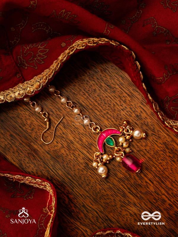 INDULEKHA - MOON'S BEAUTY - EXQUISITE CRESCENT-MOTIF KUNDAN MAANGTIKA WITH ENAMEL DETAILS AND PEARL DROPS