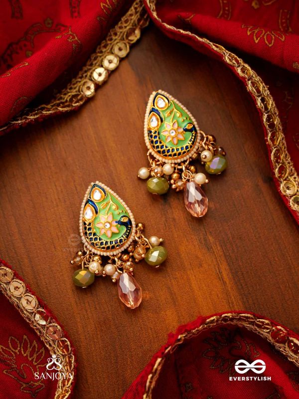MADHURIMA - SWEET ELEGANCE - HANDCRAFTED HERITAGE KUNDAN EARRINGS WITH GOLDEN POLKI AND GEM DROPS