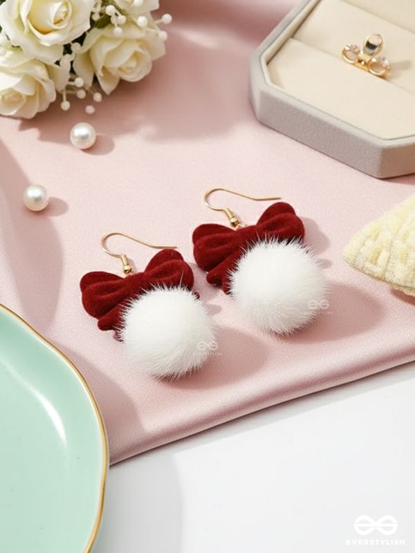 VELVET FLUFF- SWEET BOW & POM STATEMENT EARRINGS