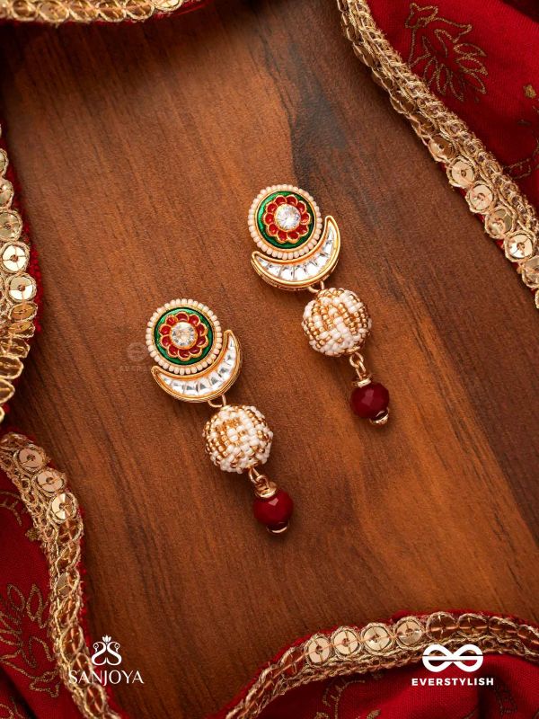 KAMINI - MOON GEM- MINIMALISTIC KUNDAN ENAMEL EARRINGS WITH FLORAL CENTER, PEARL SPHERES AND CELESTIAL DESIGN