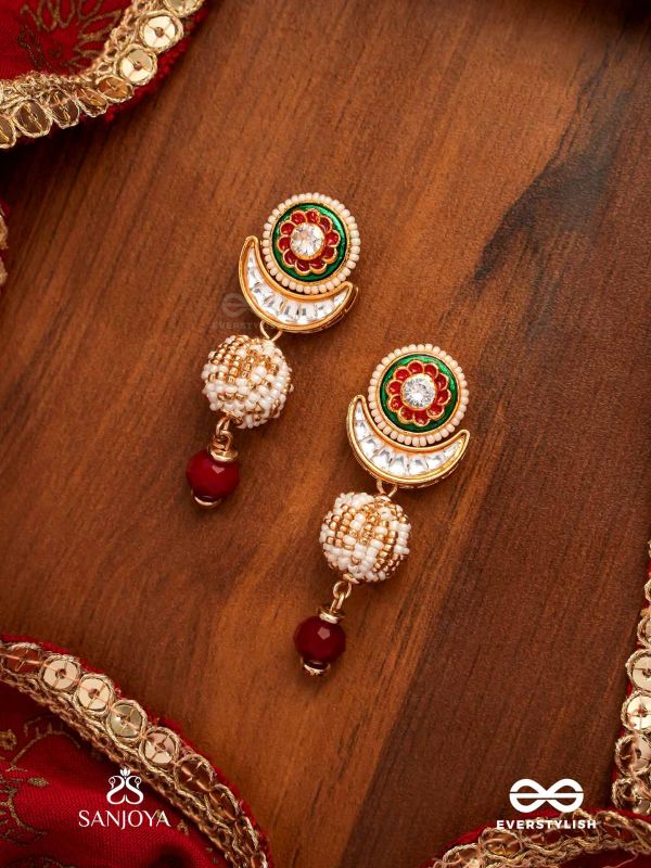 KAMINI - MOON GEM- MINIMALISTIC KUNDAN ENAMEL EARRINGS WITH FLORAL CENTER, PEARL SPHERES AND CELESTIAL DESIGN