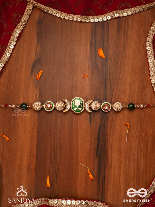 KAMINI - MOON GEM- MINIMALISTIC KUNDAN ENAMEL NECKLACE WITH FLORAL CENTER, PEARL SPHERES AND CELESTIAL DESIGN