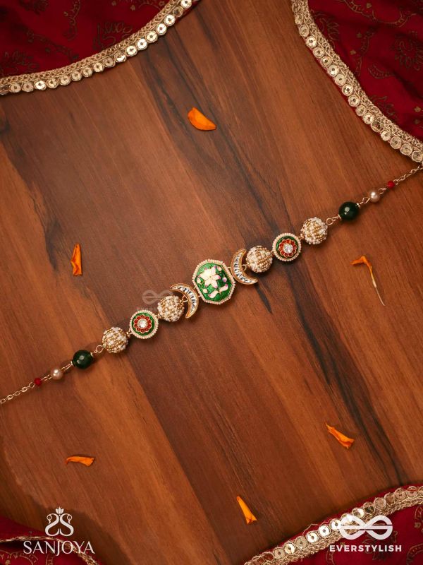 KAMINI - MOON GEM- MINIMALISTIC KUNDAN ENAMEL NECKLACE WITH FLORAL CENTER, PEARL SPHERES AND CELESTIAL DESIGN