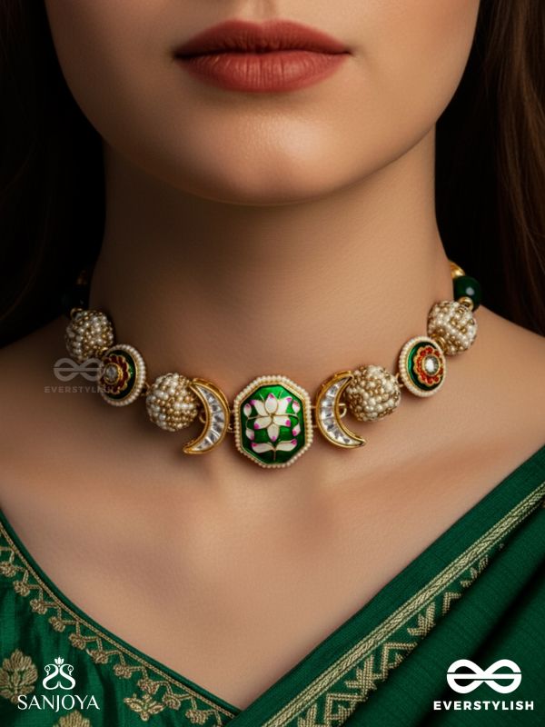 KAMINI - MOON GEM- MINIMALISTIC KUNDAN ENAMEL NECKLACE WITH FLORAL CENTER, PEARL SPHERES AND CELESTIAL DESIGN