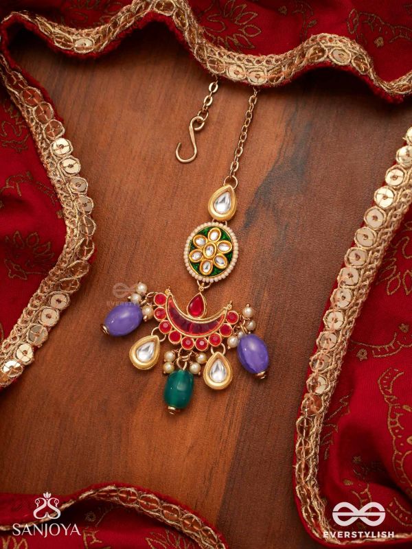 RANGAMAYA - FILLED WITH COLORS- INTRICATE KUNDAN CRESCENTS ENAMELLED MAANGTIKA WITH VIBRANT BEADED FRINGES AND PEARLS