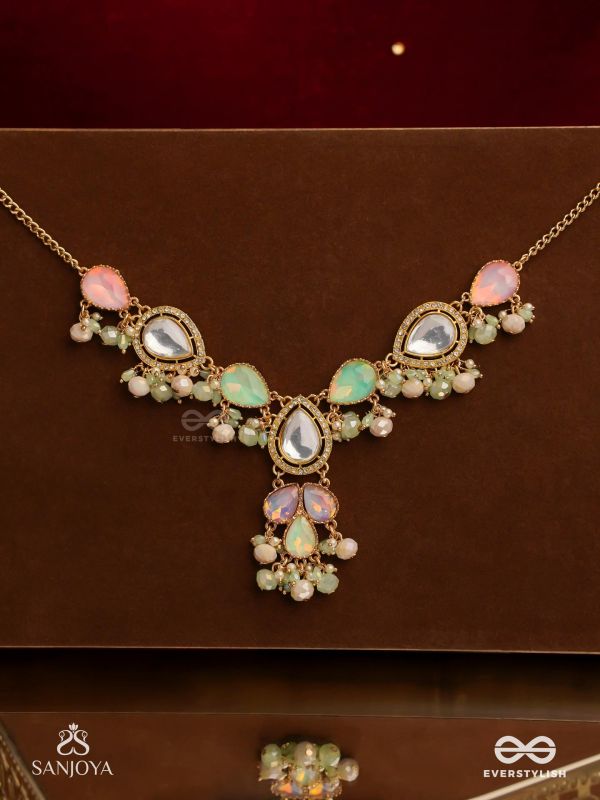 PRITHULAA - DELICATE DROP- PASTEL DROPS KUNDAN NECKPIECE WITH PEARL ACCENTS, GEMSTONES AND BEADS