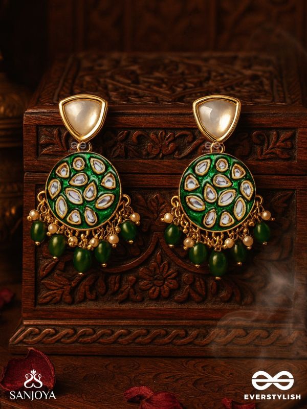 ARUNODAYA - DAWN RAYS- SYMMETRICAL KUNDAN POLKI EARRINGS WITH EMERALD GREEN ENAMEL ACCENT, PEARLS AND BEADS