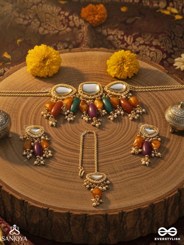 RASARANJANI - COLORFUL HARMONY - CONTEMPORARY KUNDAN STATEMENT SET WITH NECKPIECE, EARRINGS AND MAANGTIKA