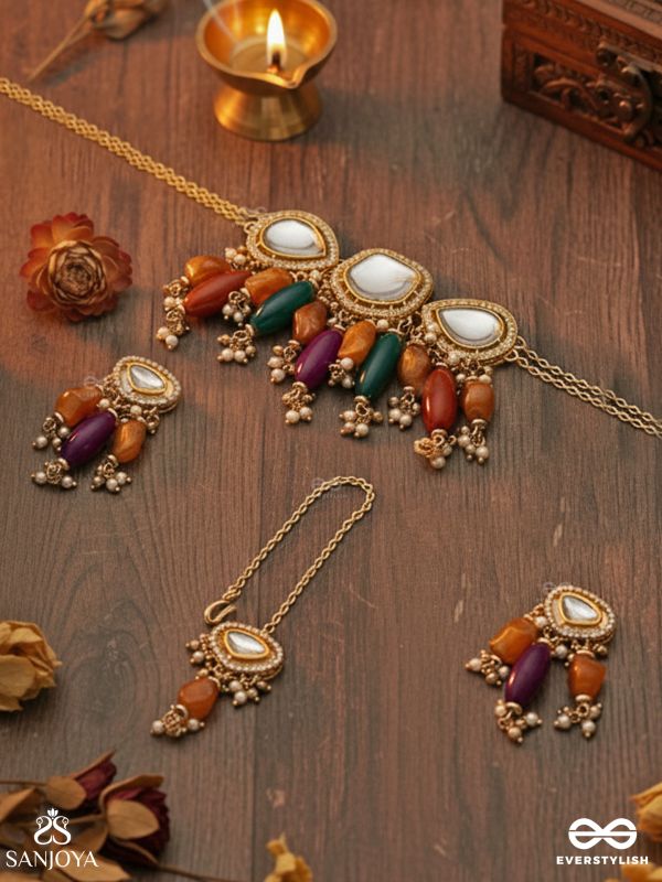 RASARANJANI - COLORFUL HARMONY - CONTEMPORARY KUNDAN STATEMENT SET WITH NECKPIECE, EARRINGS AND MAANGTIKA