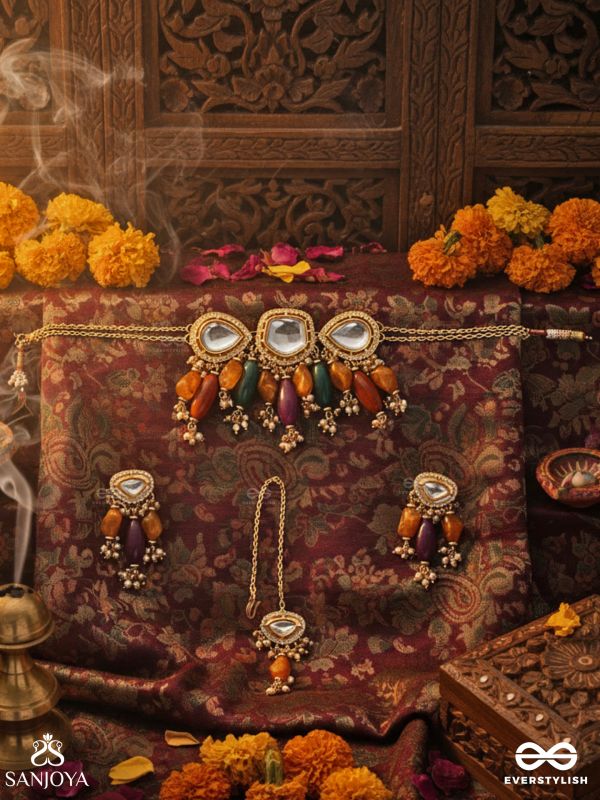 RASARANJANI - COLORFUL HARMONY - CONTEMPORARY KUNDAN STATEMENT SET WITH NECKPIECE, EARRINGS AND MAANGTIKA