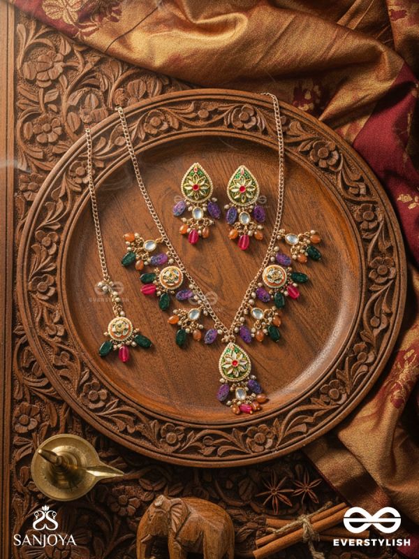 RANGKUSUMA - BLOOM OF COLORS - VIBRANT KUNDAN SET WITH NECKPIECE, EARRINGS AND MAANGTIKA