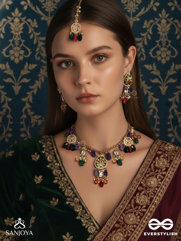 RANGKUSUMA - BLOOM OF COLORS - VIBRANT KUNDAN SET WITH NECKPIECE, EARRINGS AND MAANGTIKA