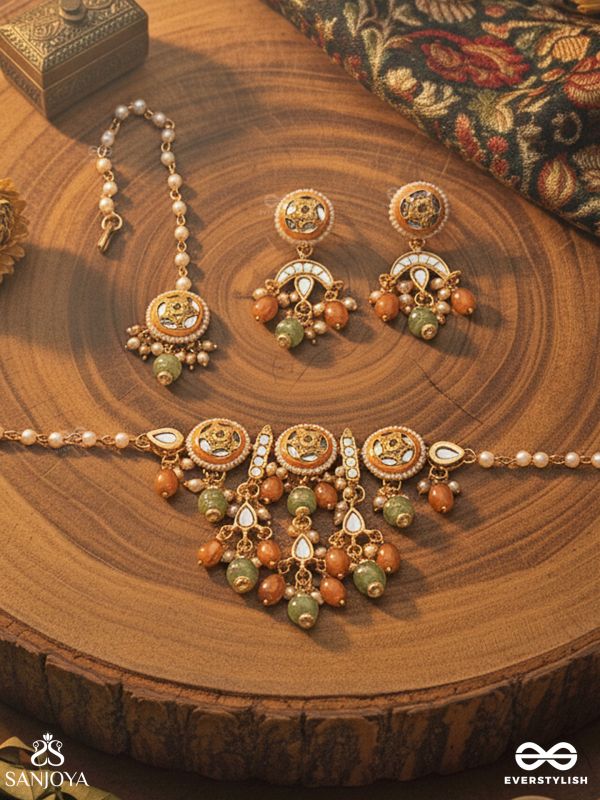 RAGTANIKA - COLORED COMPOSITION- HERITAGE STYLE KUNDAN SET WITH NECKPIECE, EARRINGS AND MAANGTIKA