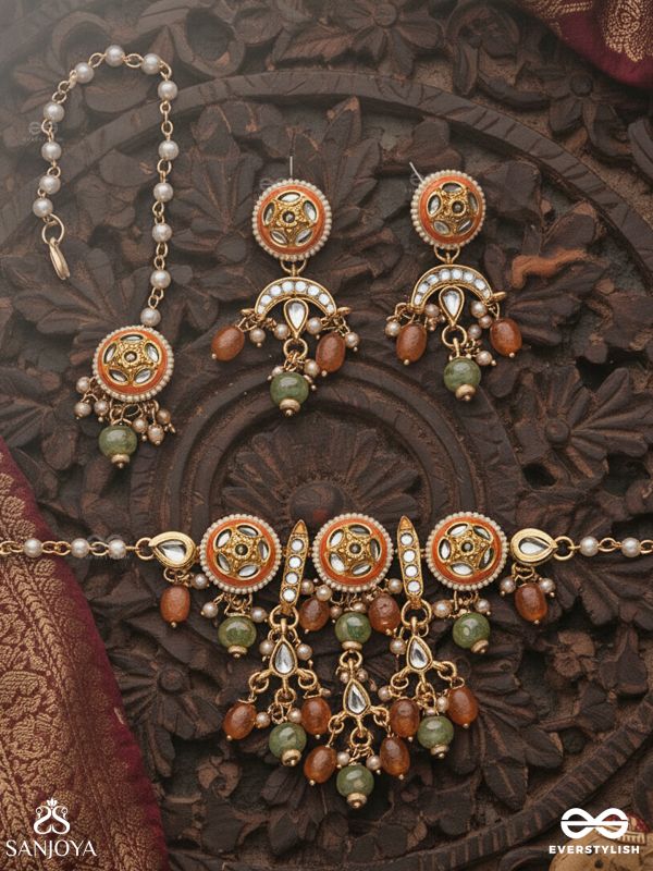 RAGTANIKA - COLORED COMPOSITION- HERITAGE STYLE KUNDAN SET WITH NECKPIECE, EARRINGS AND MAANGTIKA