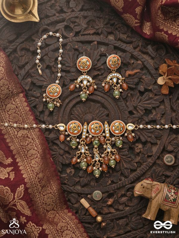 RAGTANIKA - COLORED COMPOSITION- HERITAGE STYLE KUNDAN SET WITH NECKPIECE, EARRINGS AND MAANGTIKA